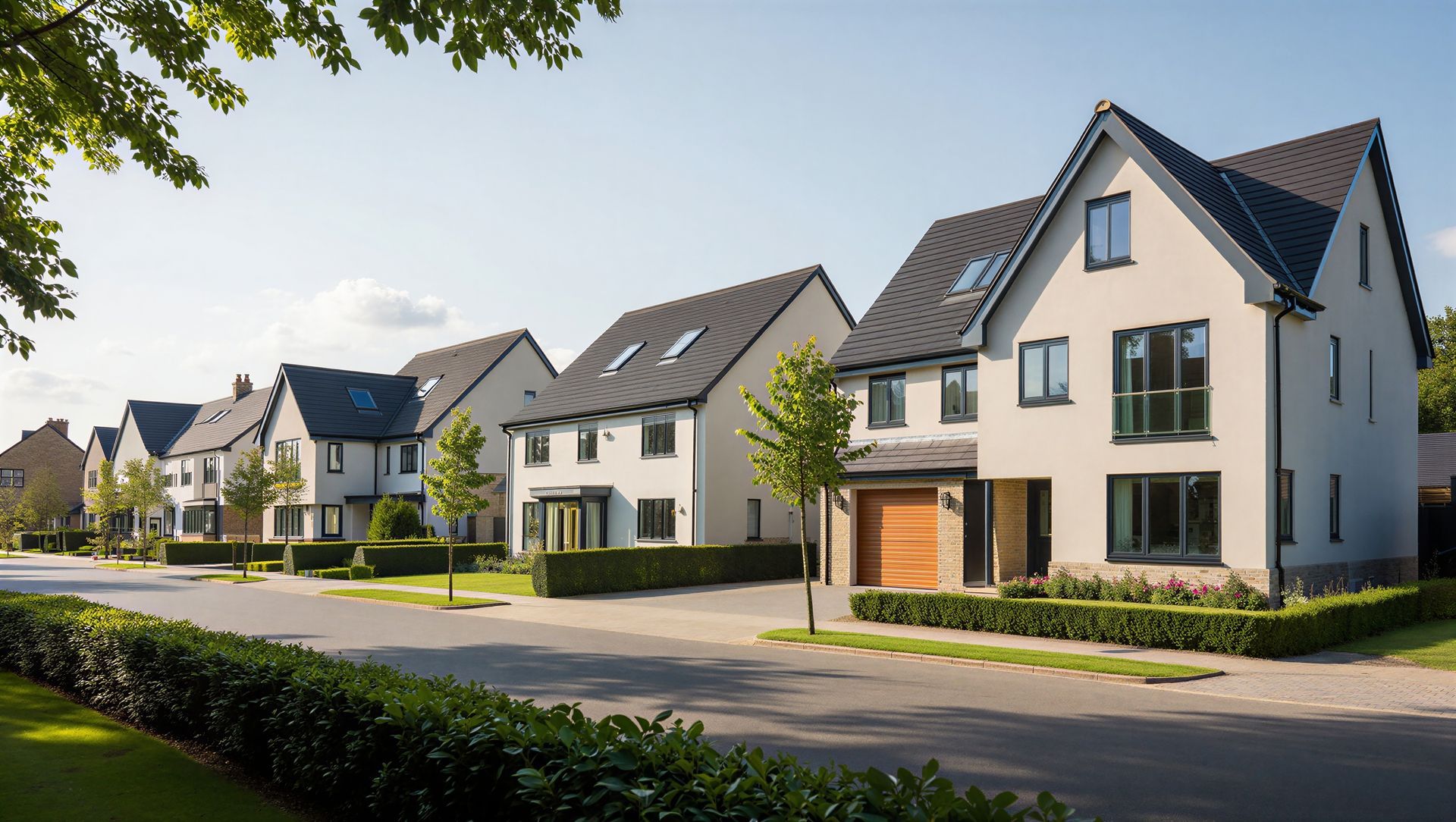 Row of modern houses with light-colored exteriors, dark roofs, and green hedges along the street.