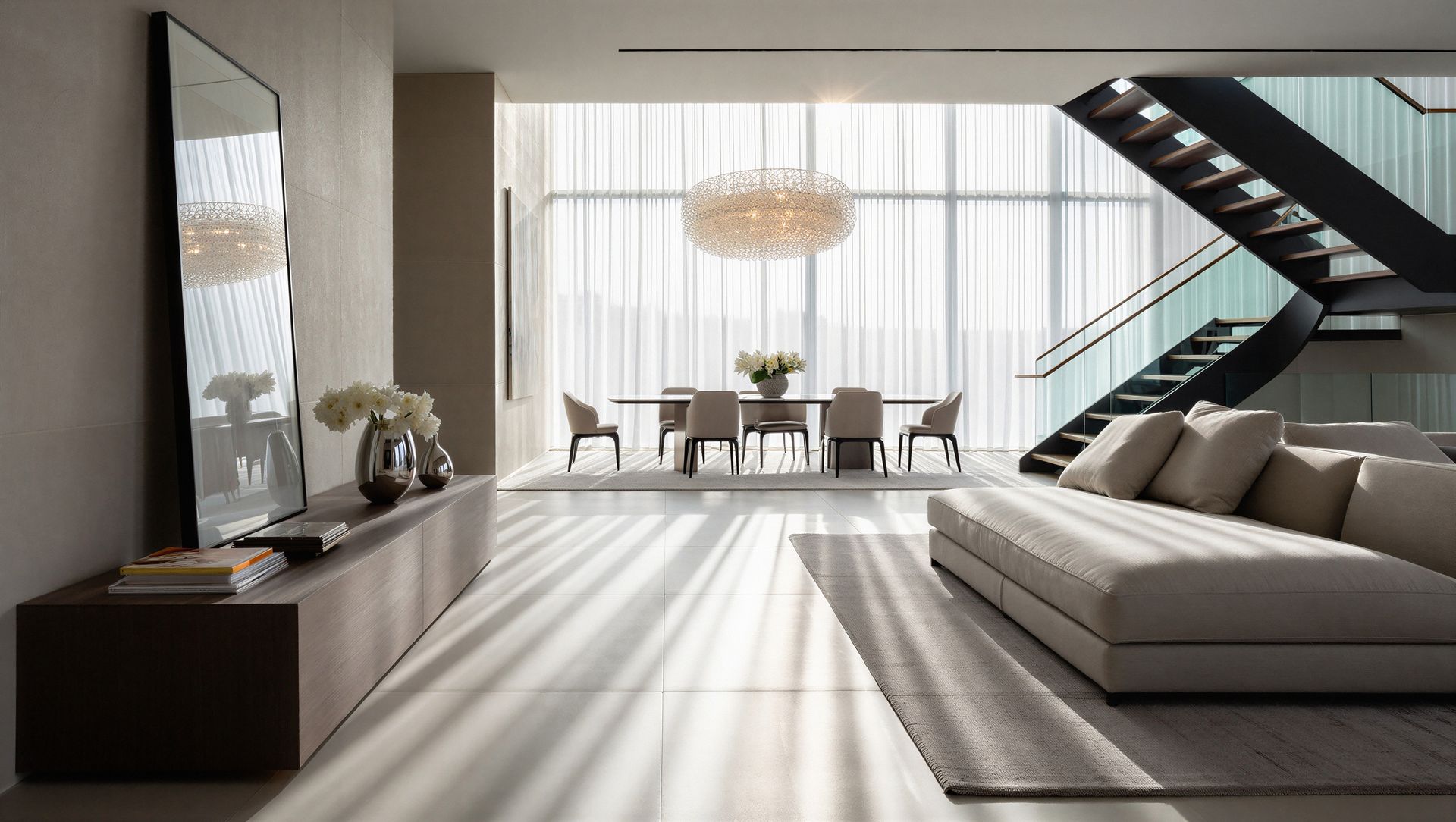 Modern living room with dining area, large windows, and a staircase. Sunlight streams in.