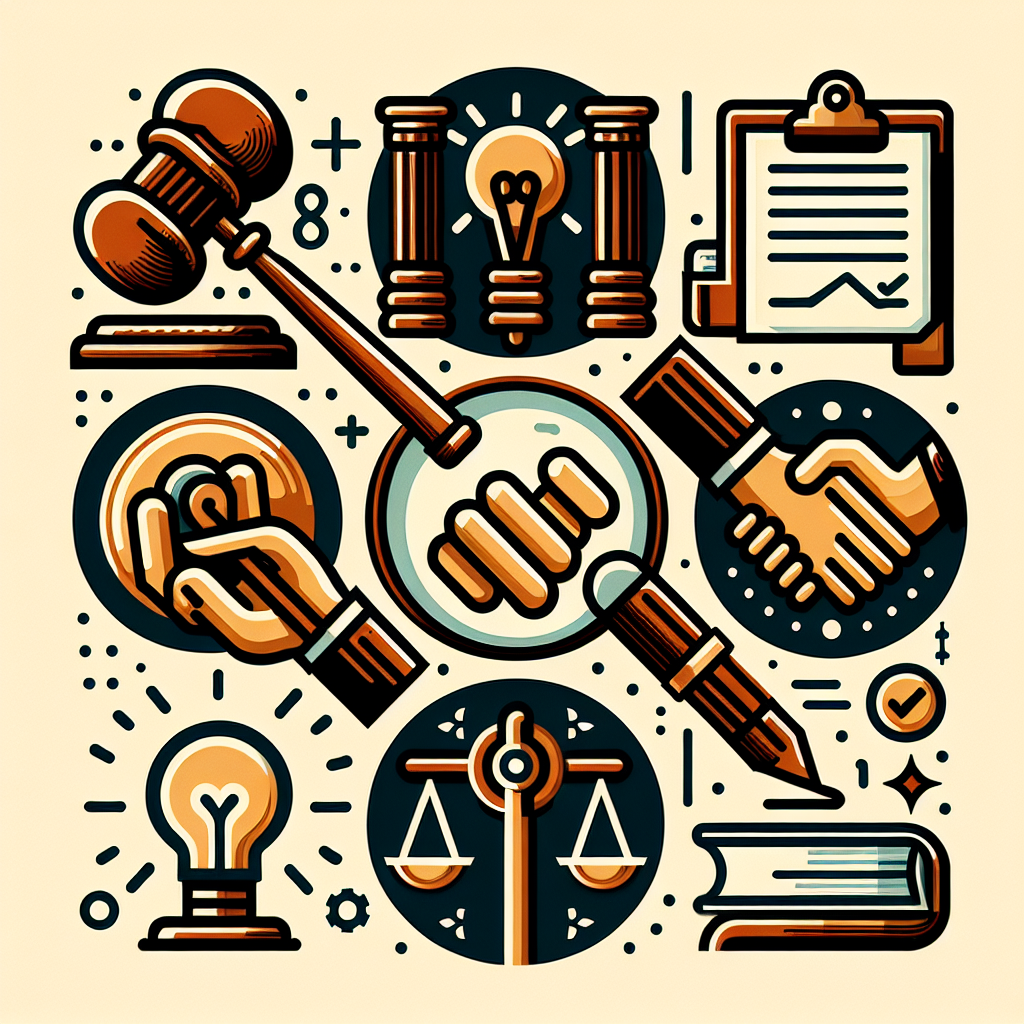 Illustration of legal and justice symbols including a gavel, scales, handshake, and legal documents.