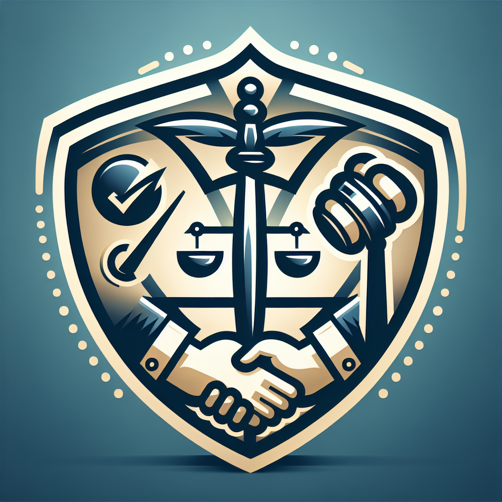 Shield emblem featuring a handshake, scales of justice, gavel, checkmark, and caduceus.