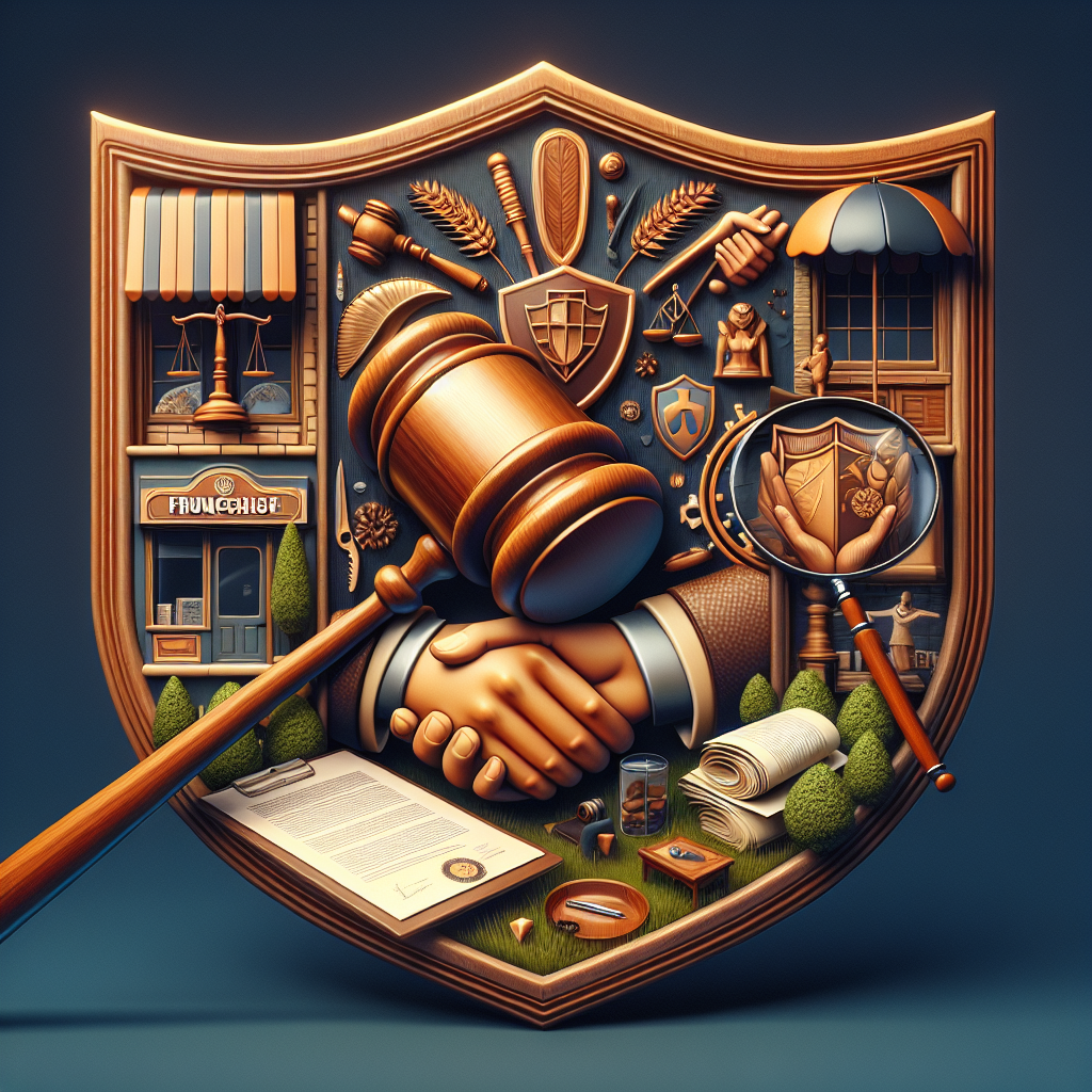 Shield-shaped emblem with gavel, handshake, franchise shop, legal icons, and magnifying glass symbol
