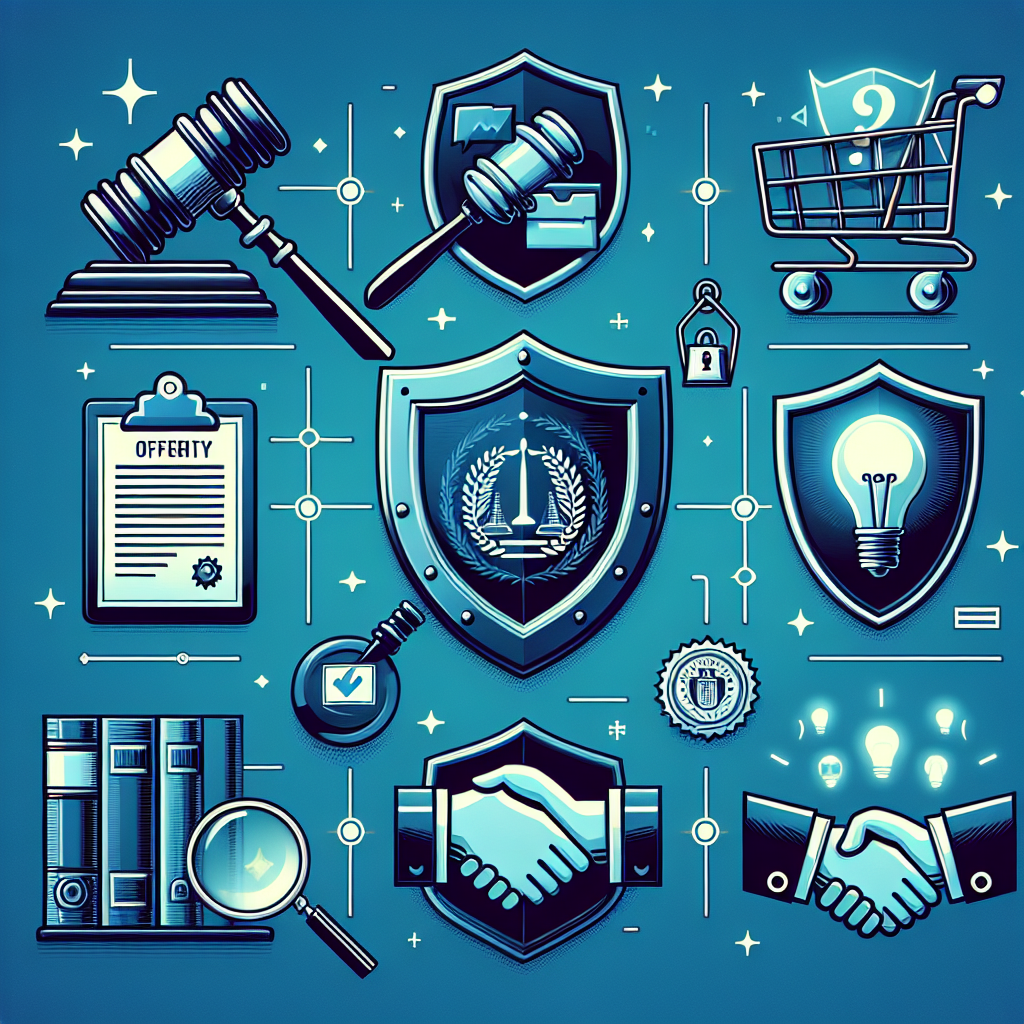 Illustration of legal symbols including gavels, shields, contracts, handshakes, and a shopping cart.