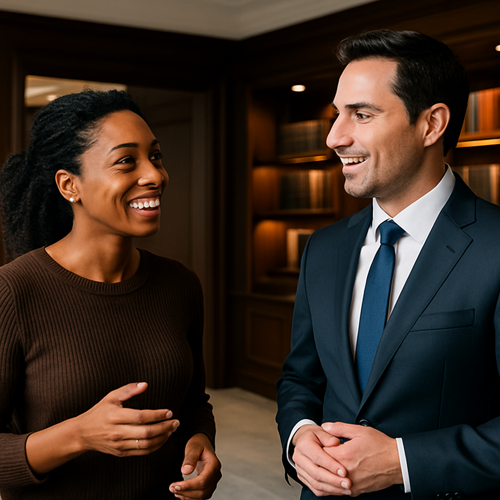 A man in a suit and tie is talking to a woman in a brown sweater.