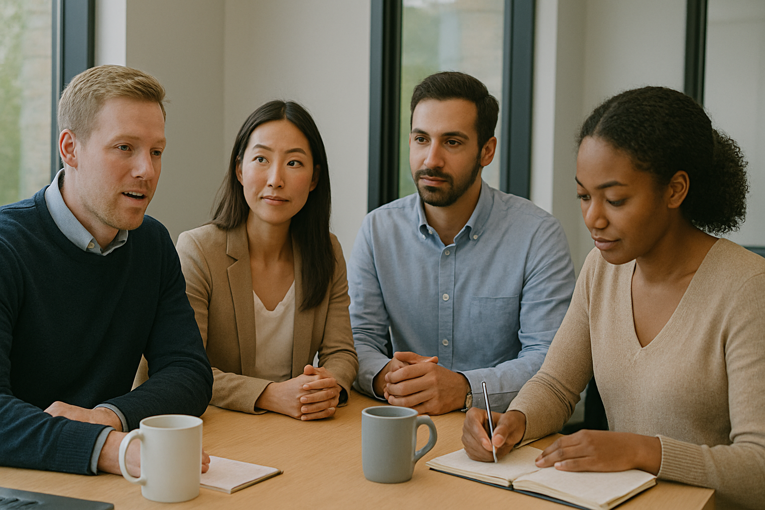 A group of people are sitting around a table having a meeting.