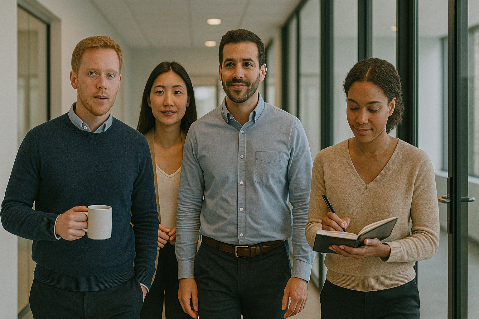 A group of people are standing in a hallway.