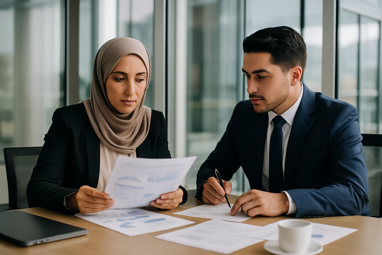 A man and a woman are sitting at a table looking at papers.