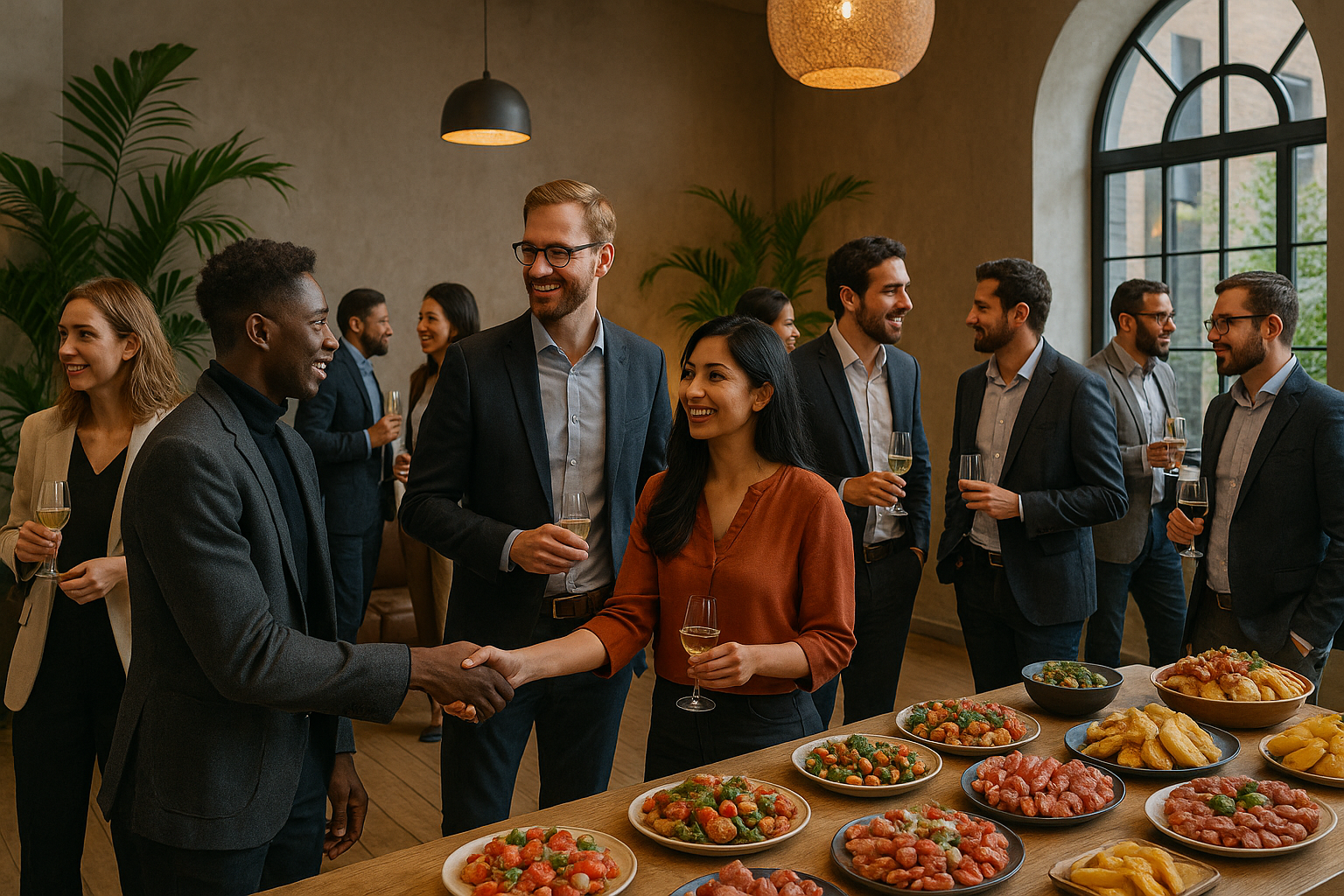 A group of people are shaking hands at a buffet table.