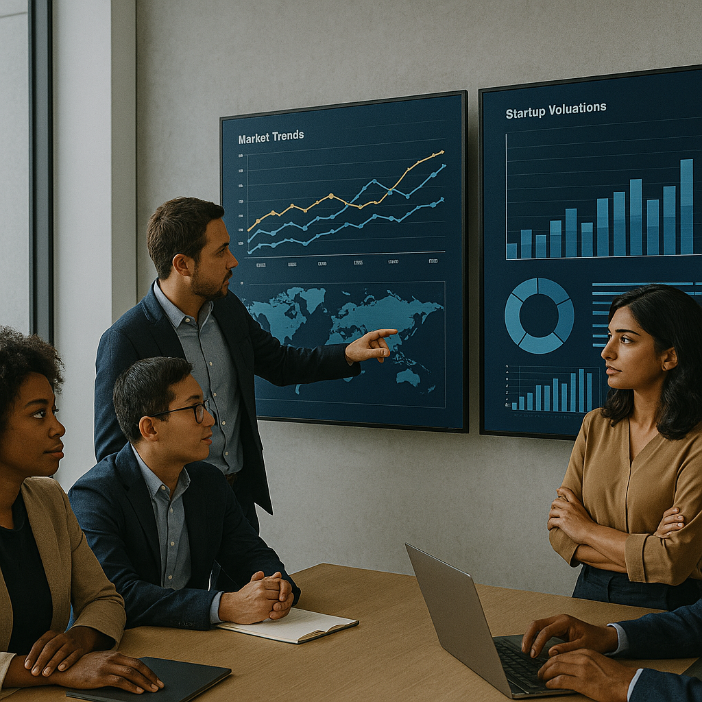 A group of people are sitting around a table looking at graphs on a wall.