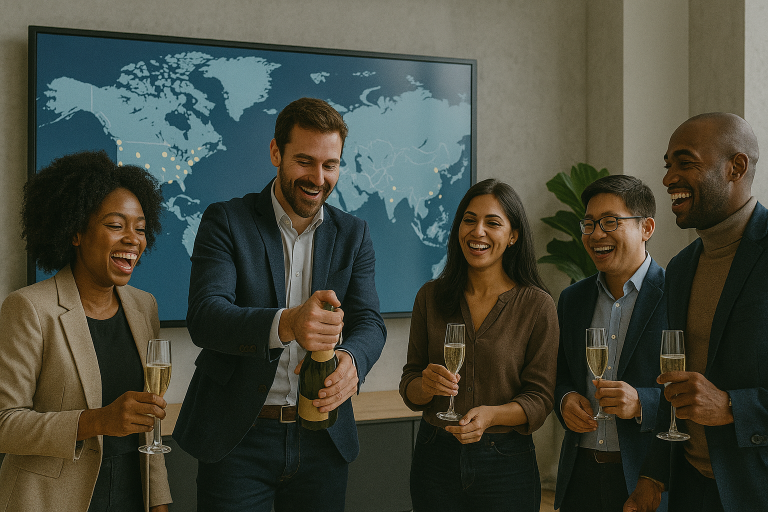 A group of people are standing next to each other holding champagne glasses.