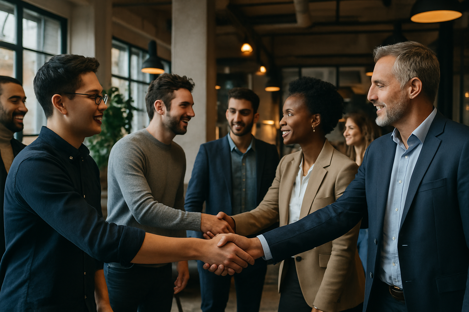 A group of business people are shaking hands in an office.