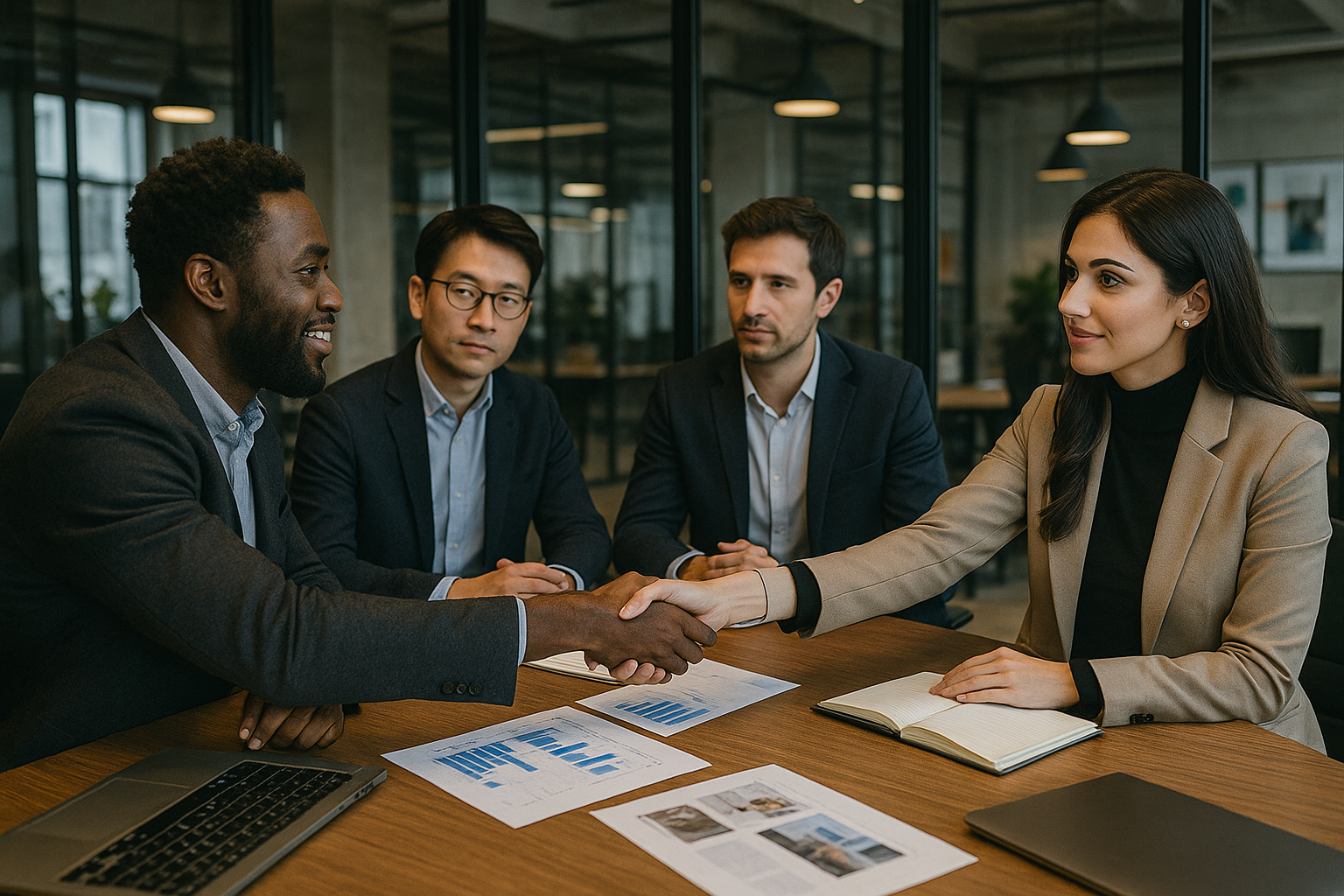 A group of business people is shaking hands at a table. 