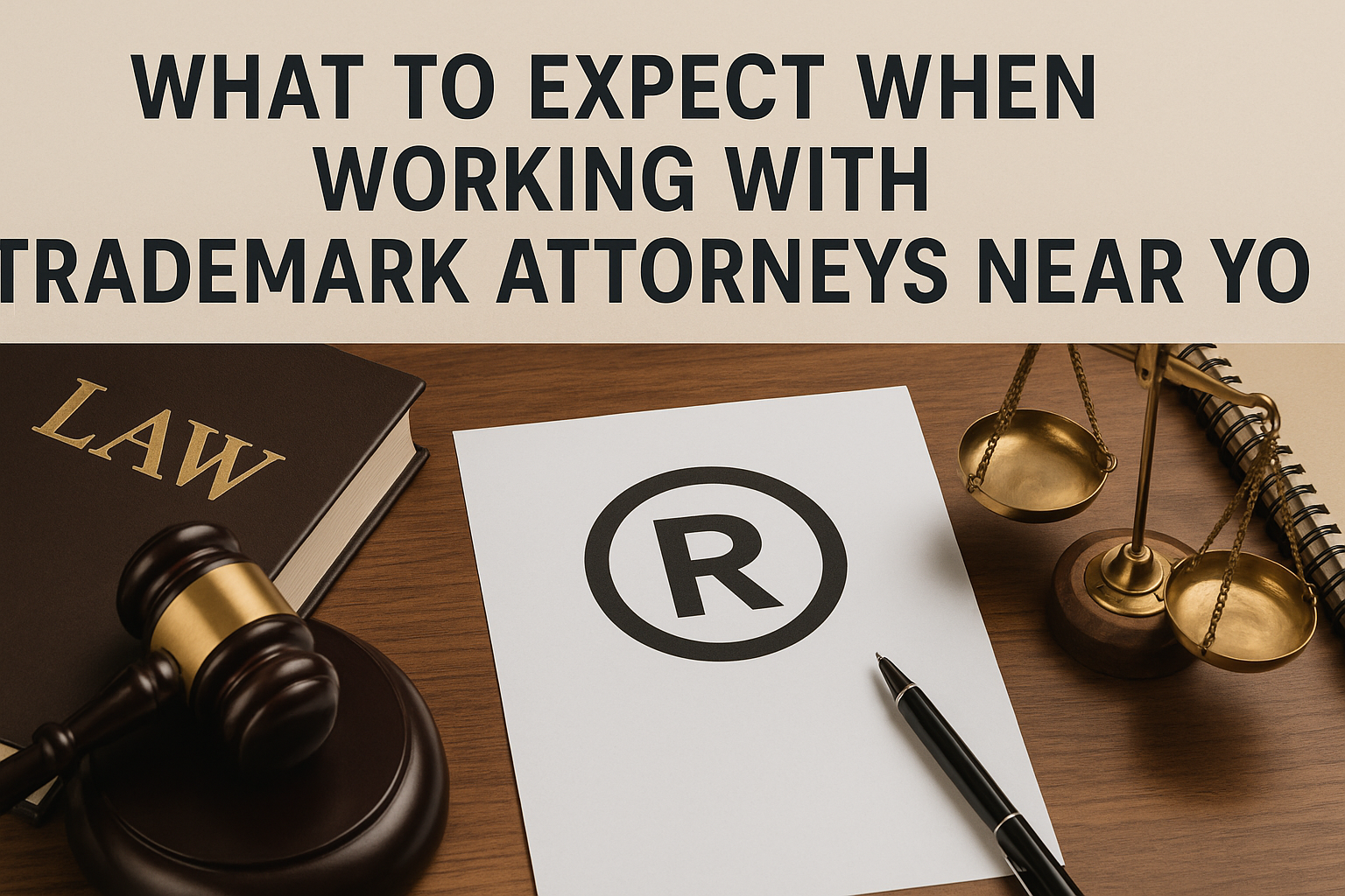 Trademark symbol on paper beside law book, gavel, scales of justice, and pen on desk.