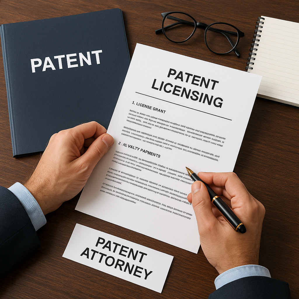 Person signing patent licensing document; desk with files, glasses, and 