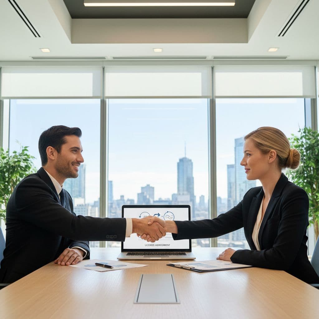 Two professionals shake hands across a conference table in a bright office with a city skyline behind them.