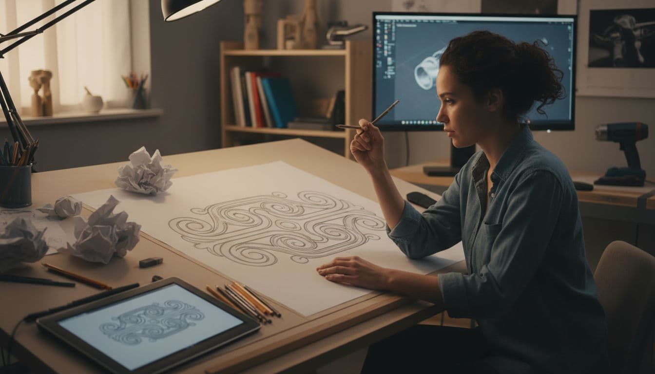 Person sketching a detailed design at a desk with computer monitors and papers in a studio office.