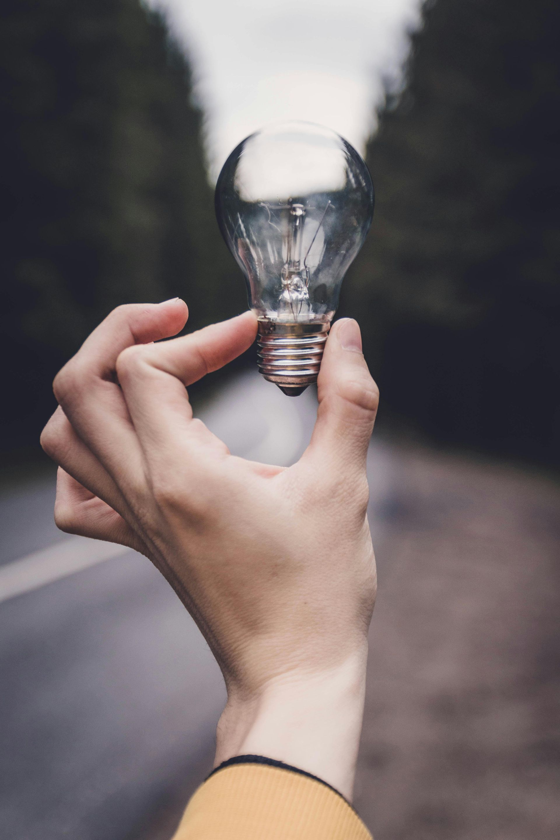 Hand holding a clear light bulb against a blurred outdoor background