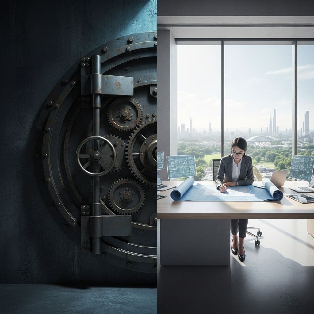 Office worker drafting at a desk beside a giant vault door with exposed gears, city skyline beyond.