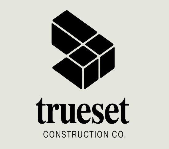 Black and white Trueset Construction Co. logo: geometric, stylized building block over the company name.
