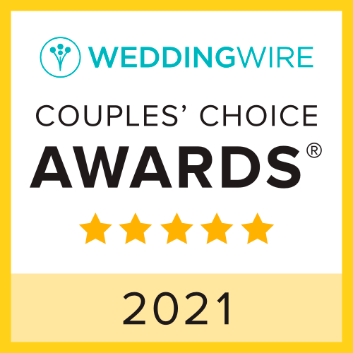 WeddingWire Couples’ Choice Awards badge, 5 gold stars, 2021, teal and black on white background