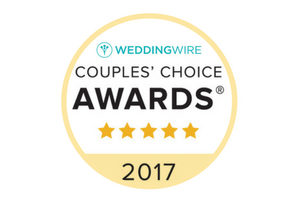WeddingWire Couples’ Choice Awards badge, gold and teal, with five stars and 2017