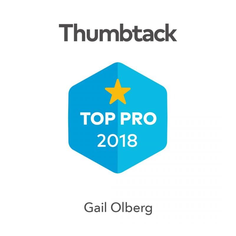 Thumbtack Top Pro 2018 badge with star, awarded to Gail Olberg