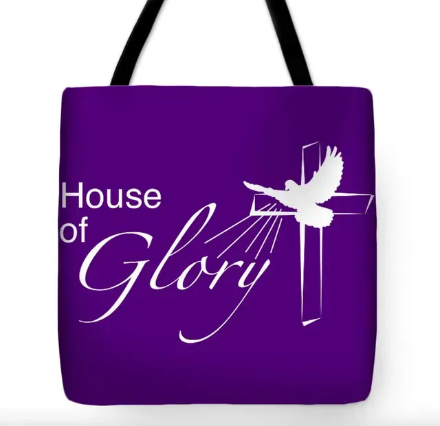 A tote bag with a picture of a lion and the words house of glory church.