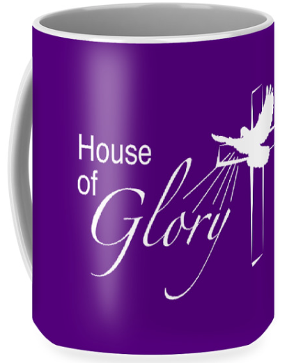 A purple mug that says house of glory on it
