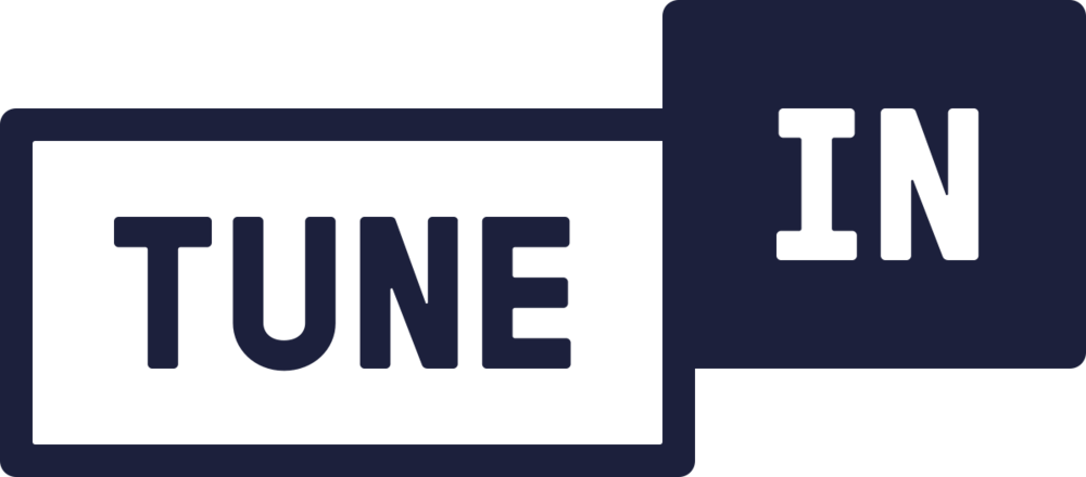 A blue and white logo that says tune in on a white background.