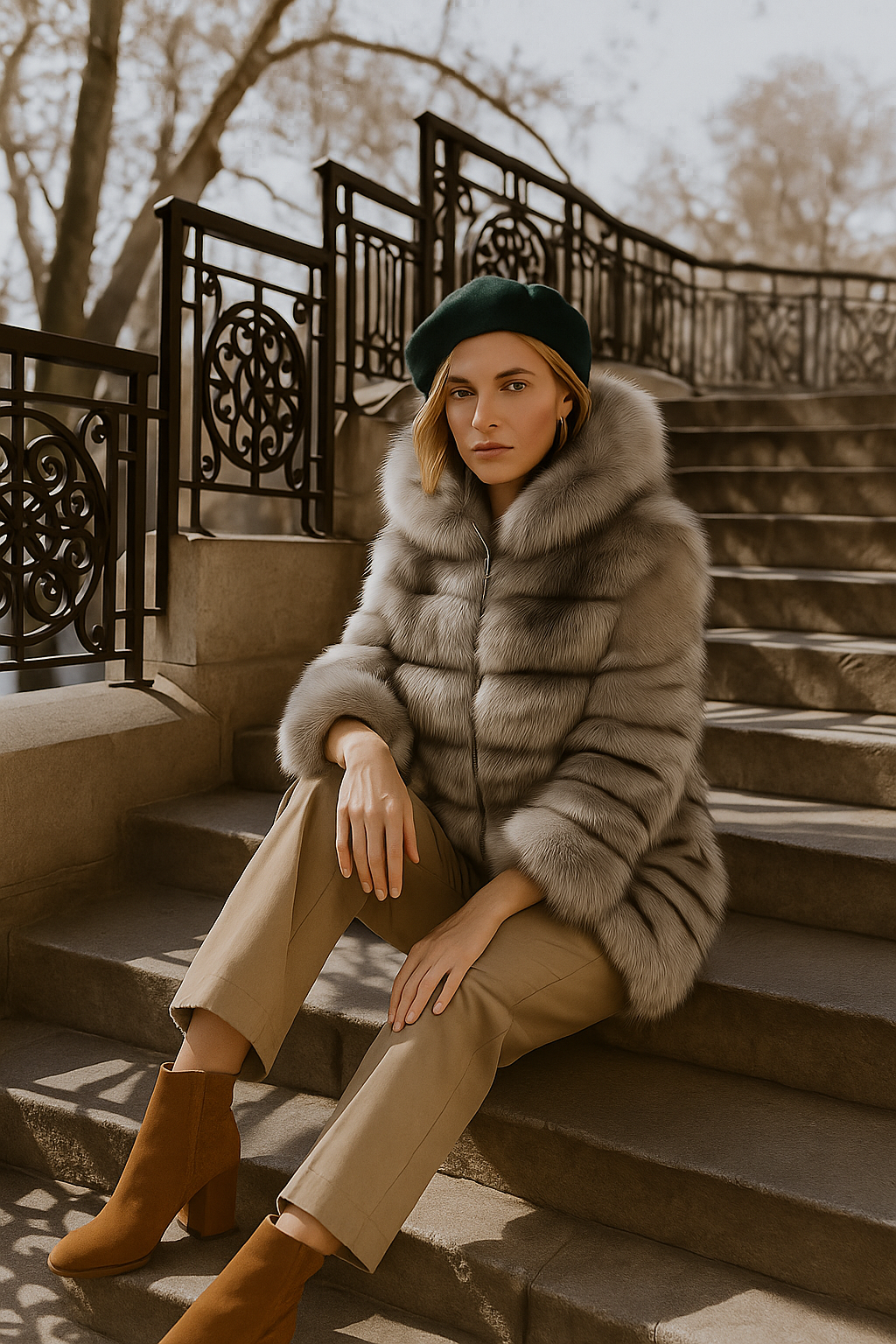 Donna con un cappotto di pelliccia grigio chiaro e cappuccio, in piedi accanto a una colonna in un corridoio ad arco.