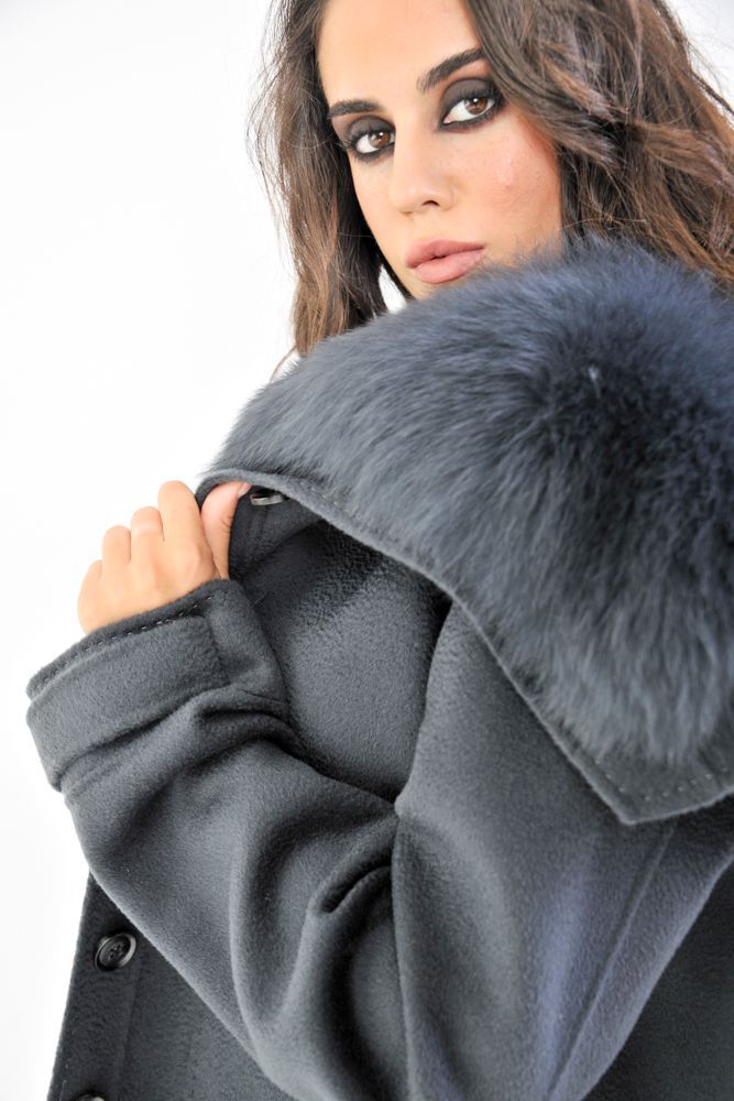 Bomber in tessuto antracite collo in volpe