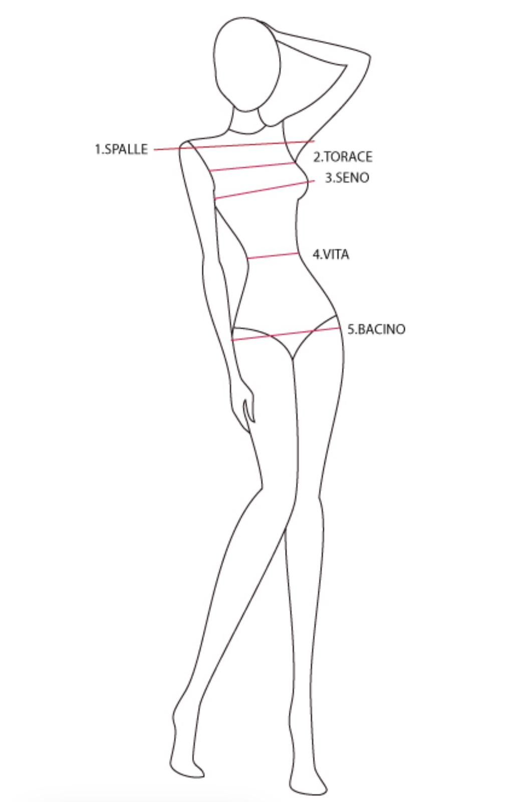 Disegno lineare di una figura con linee di misurazione su spalle, petto, vita e fianchi, utilizzato per la sartoria.