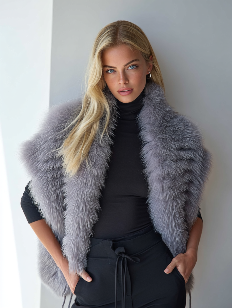 Donna con gilet di pelliccia grigio e dolcevita nero, mani in tasca.