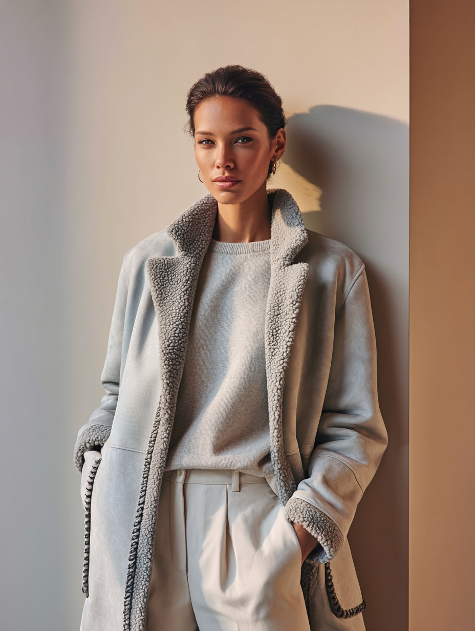 Giaccone Shearling Scamosciato Perla