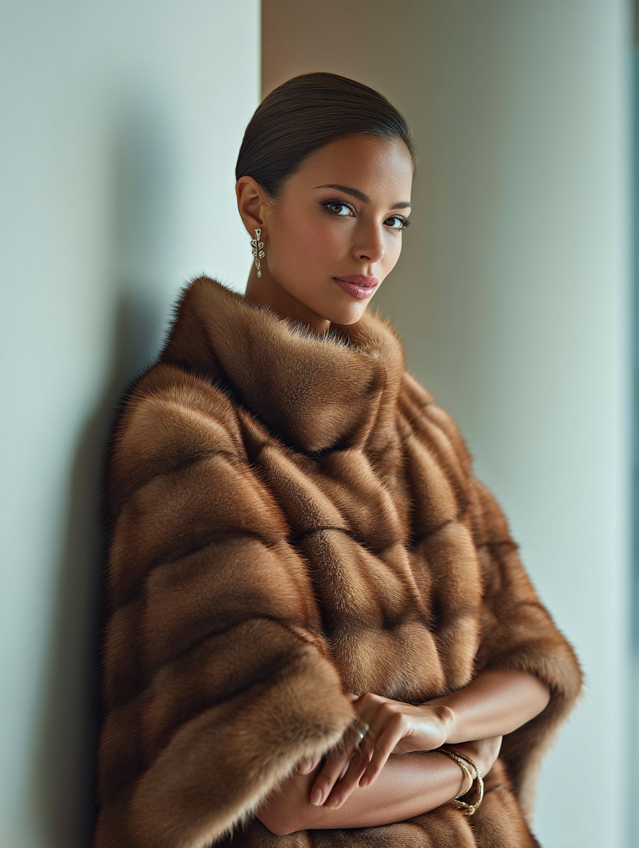 Donna che indossa un mantello di pelliccia marrone, appoggiata a un muro, che guarda la telecamera.