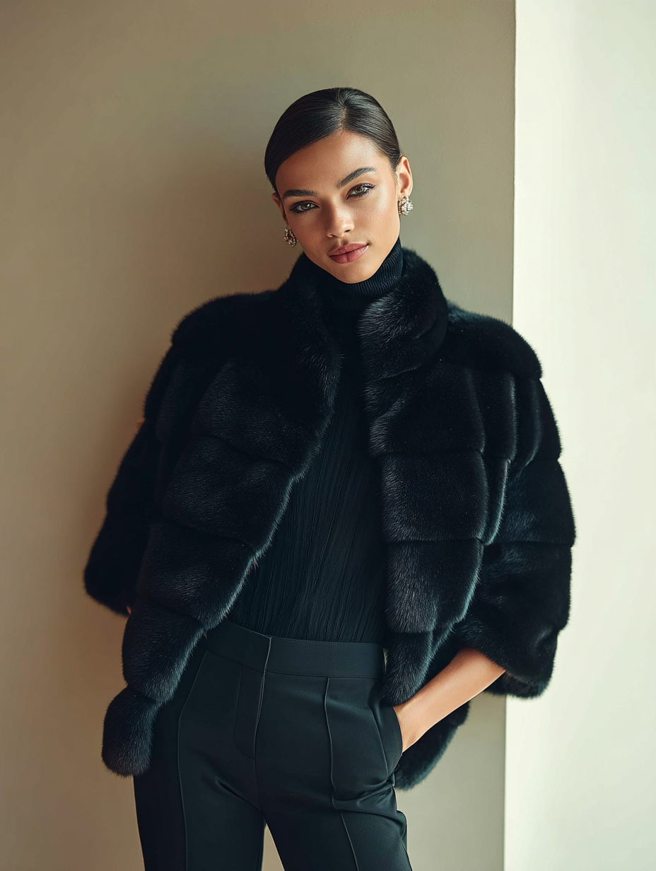 Donna con giacca di pelliccia nera, dolcevita e pantaloni, appoggiata a una parete neutra.
