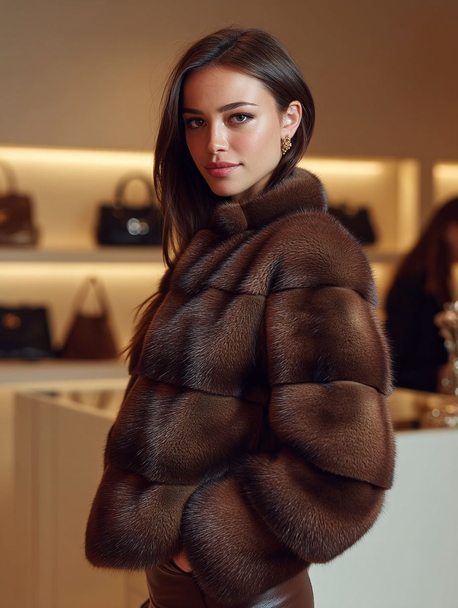 Donna con pelliccia marrone in un negozio, che guarda la telecamera.