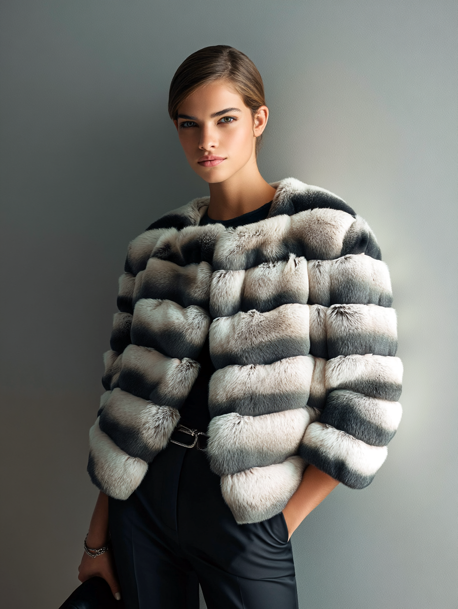 Donna che indossa una giacca di pelliccia bianca e nera, in piedi con una mano in tasca, contro un muro grigio.