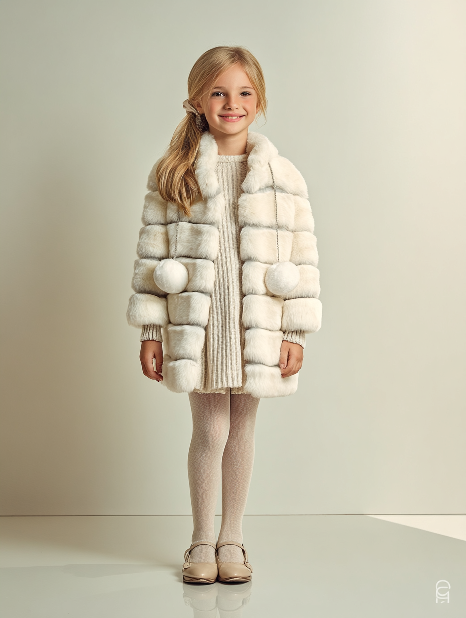 Ragazza sorridente con pelliccia bianca, maglione e calzamaglia. Sfondo beige.
