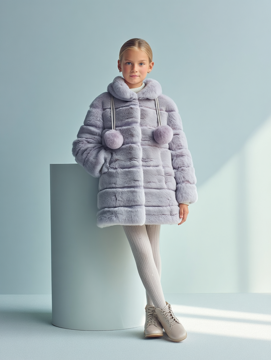 Ragazza con pelliccia color lavanda, calzamaglia bianca e stivali, in piedi accanto a un piedistallo cilindrico.