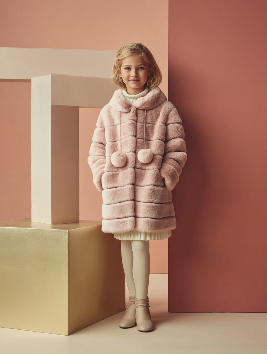 Ragazza con pelliccia rosa, in piedi davanti a due isolati. Indossa collant e stivali, sorridente. Sfondo rosa e oro.