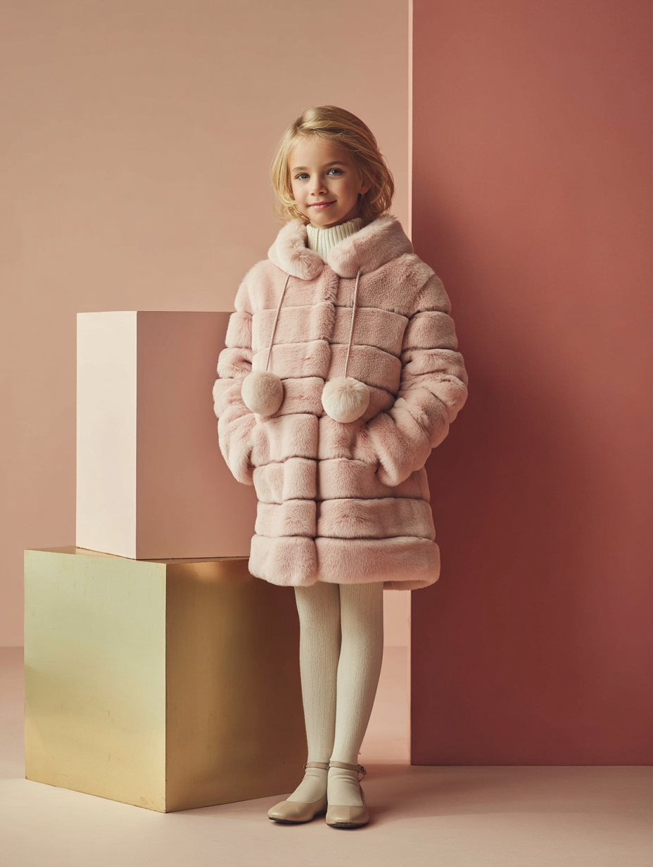 Ragazza con pelliccia rosa, in piedi davanti a due isolati. Indossa collant e stivali, sorridente. Sfondo rosa e oro.