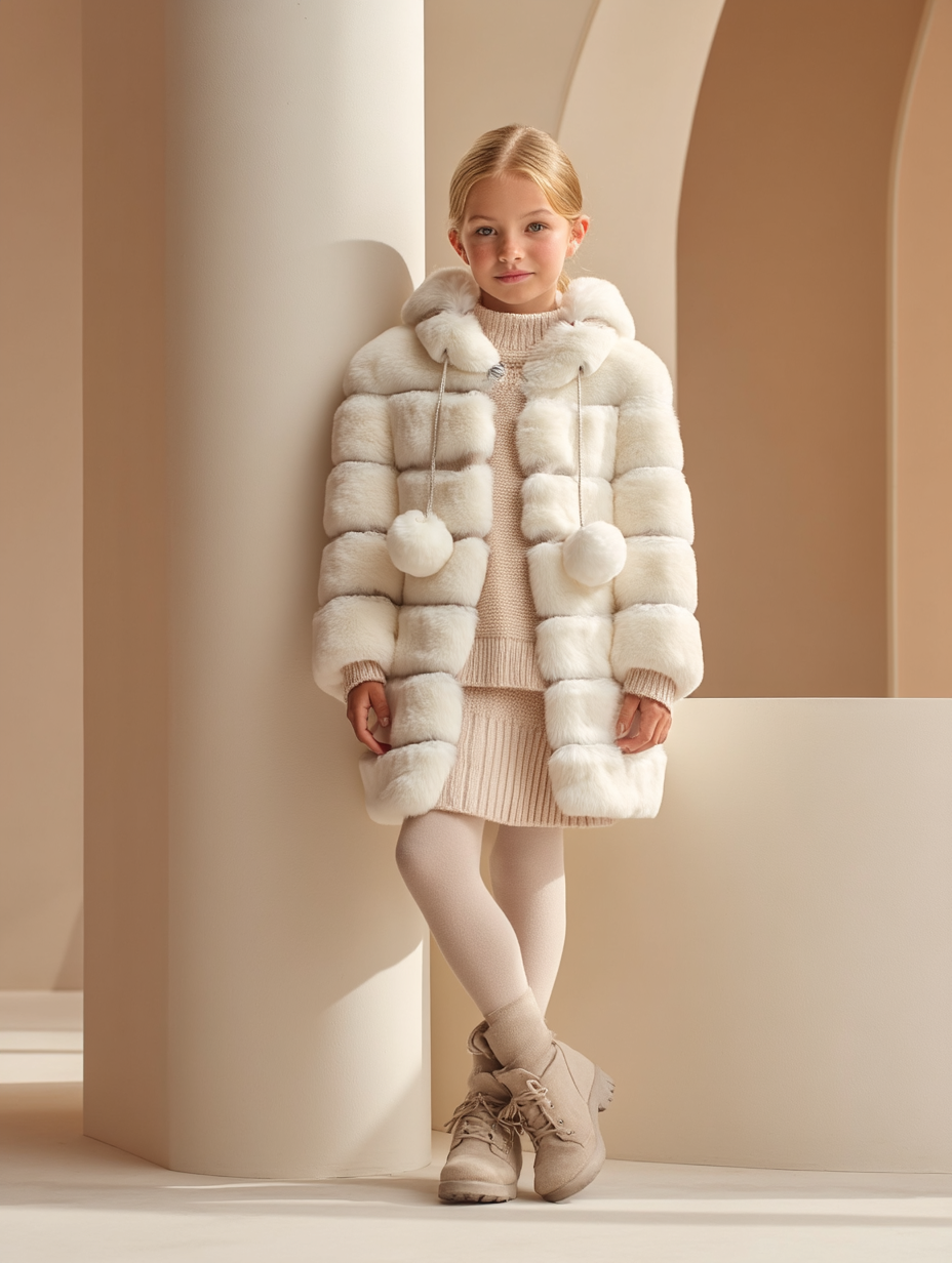 Ragazza con pelliccia sintetica bianca, in piedi vicino a una colonna, sorridente.