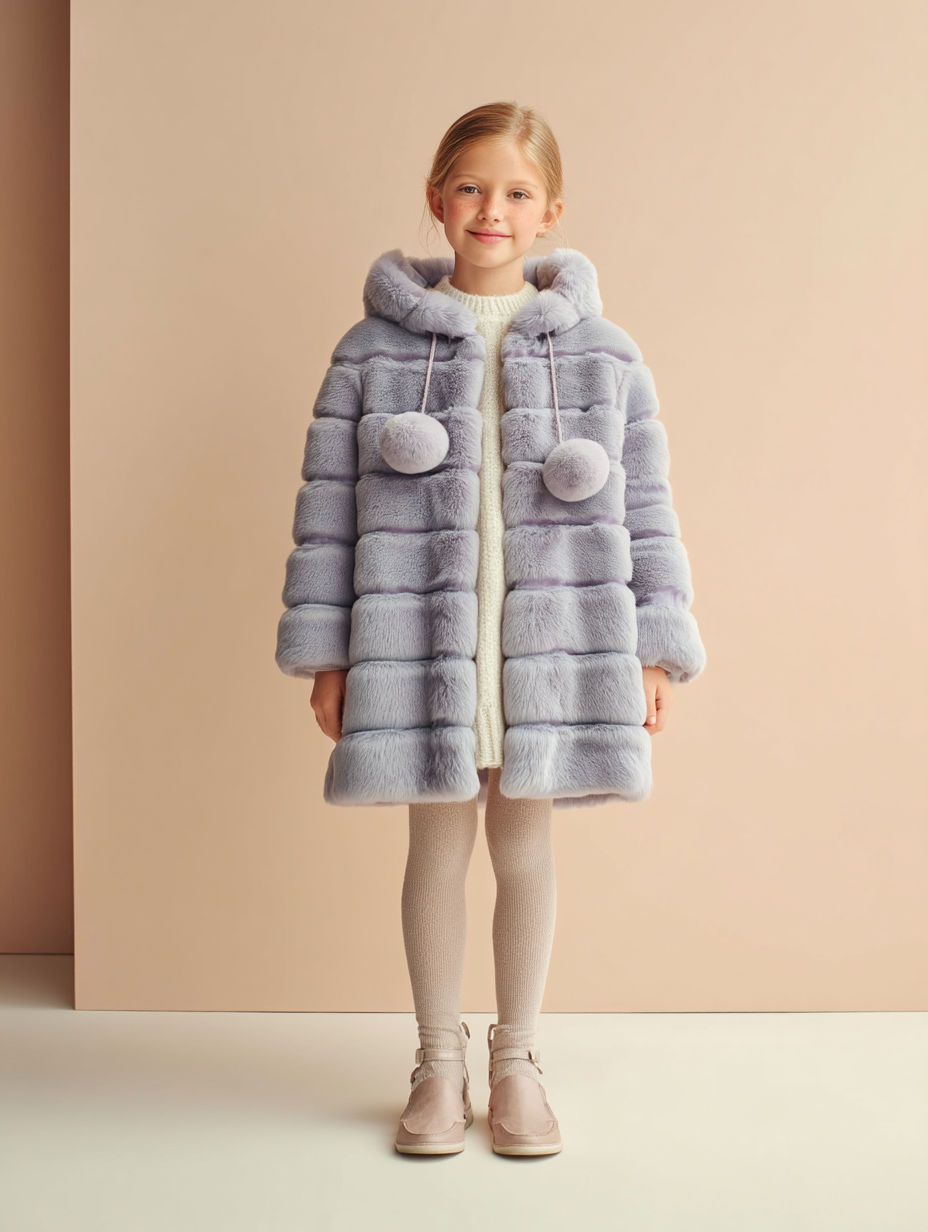 Ragazza con un cappotto grigio di pelliccia sintetica con cappuccio e pompon, indossa collant e stivali.