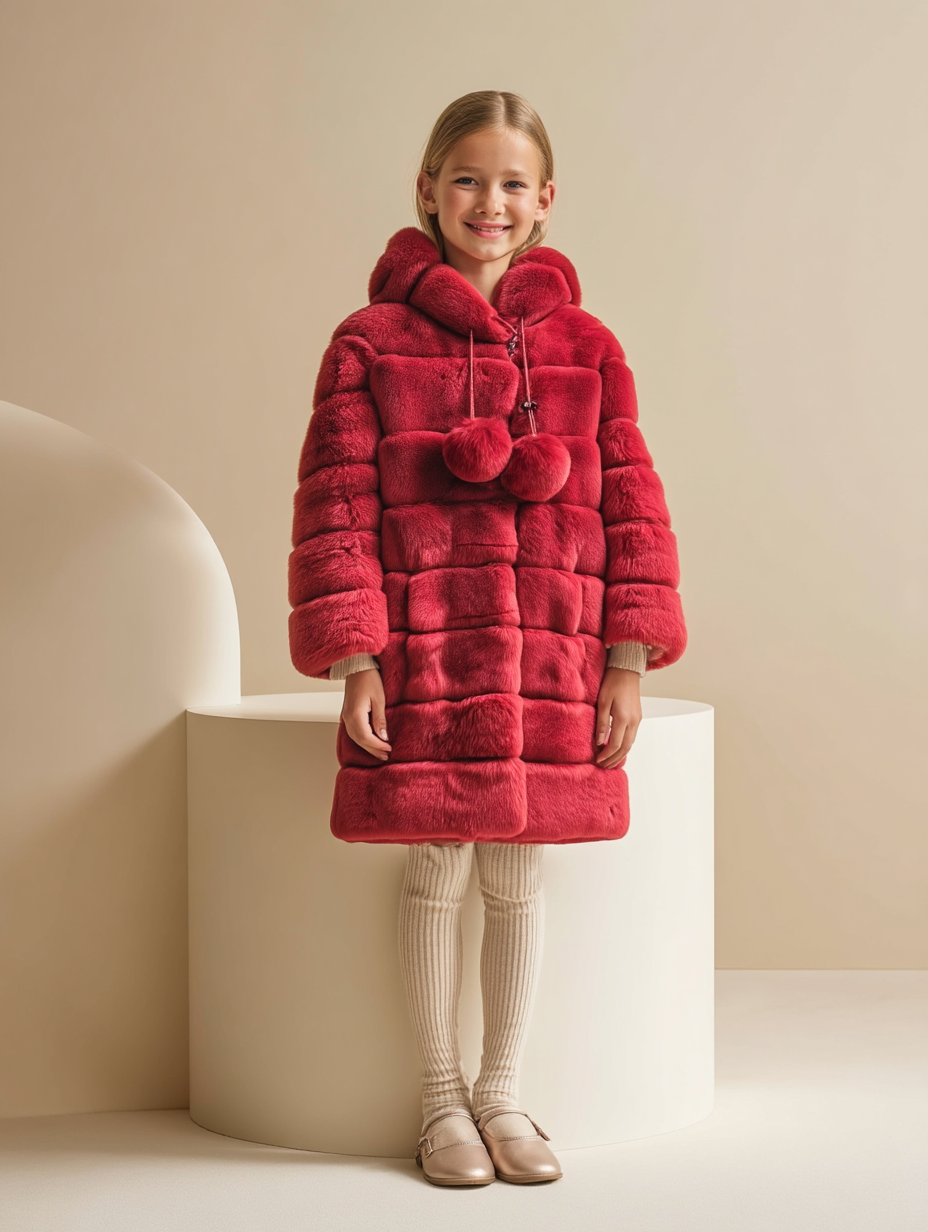 Ragazza sorridente con pelliccia sintetica rossa e cappuccio. Calzamaglia e scarpe beige. Sfondo beige.