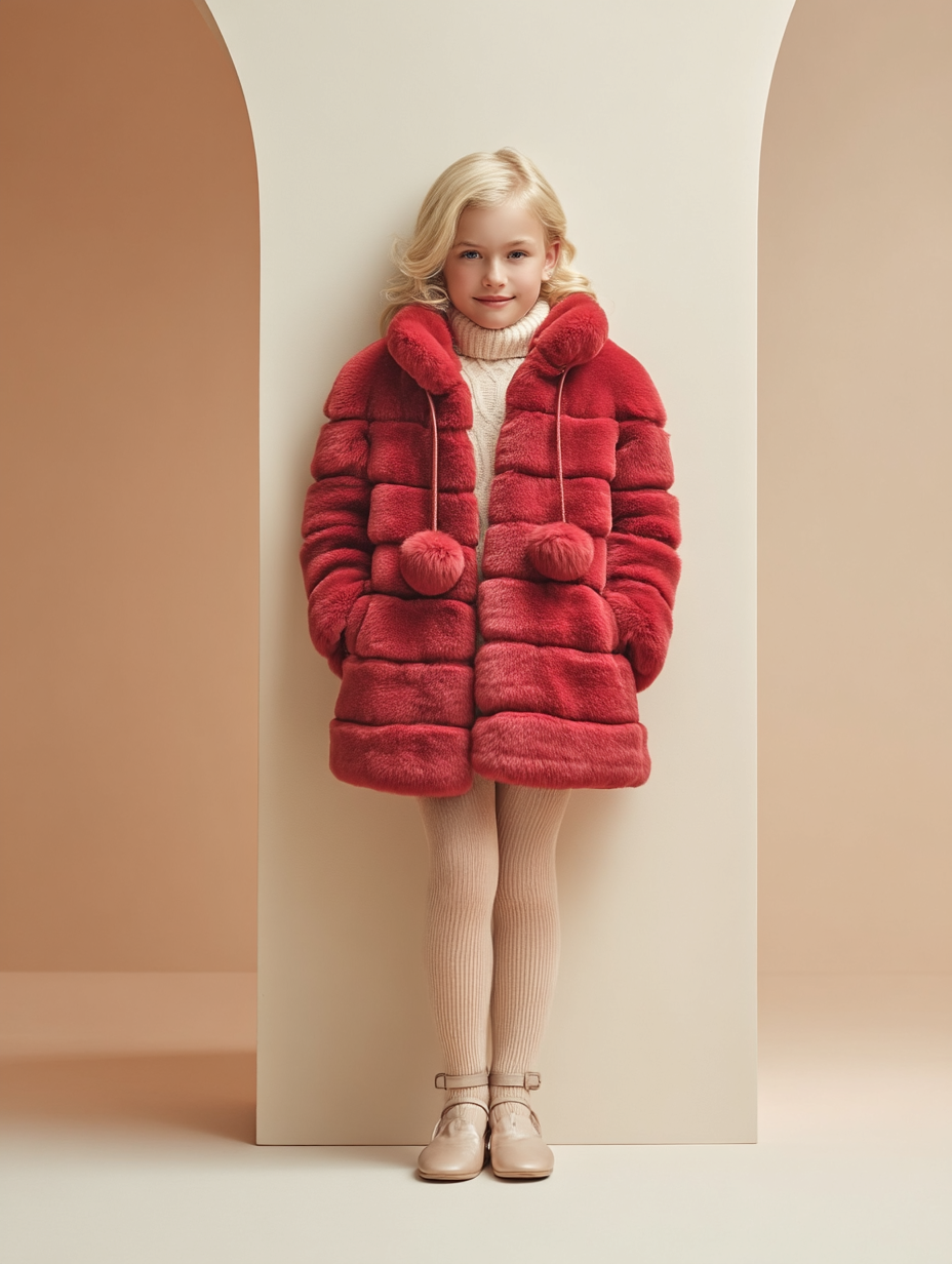 Ragazza con cappotto rosso di pelliccia sintetica, pantaloni color cuoio e stivali in piedi davanti a un muro beige.