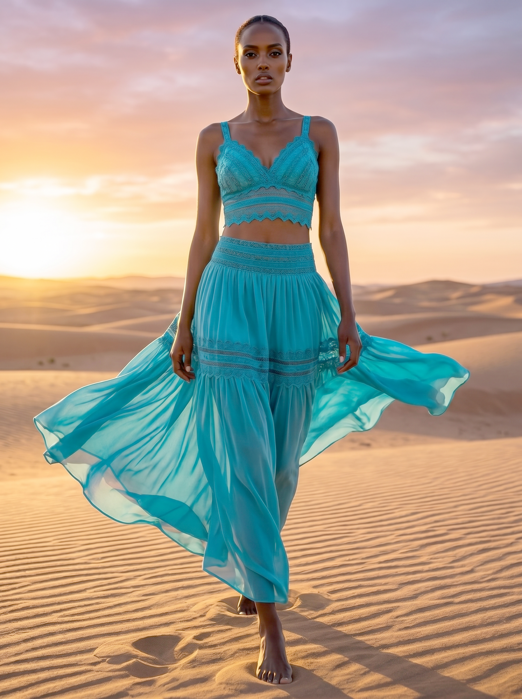 Ermanno Scervino – Baltic Blue - Gonna Lunga Boho Chic Cotone e Seta con Pizzo