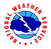 The National Weather Service circular logo features a blue cloud and white lightning bolt over blue rays on a white background.