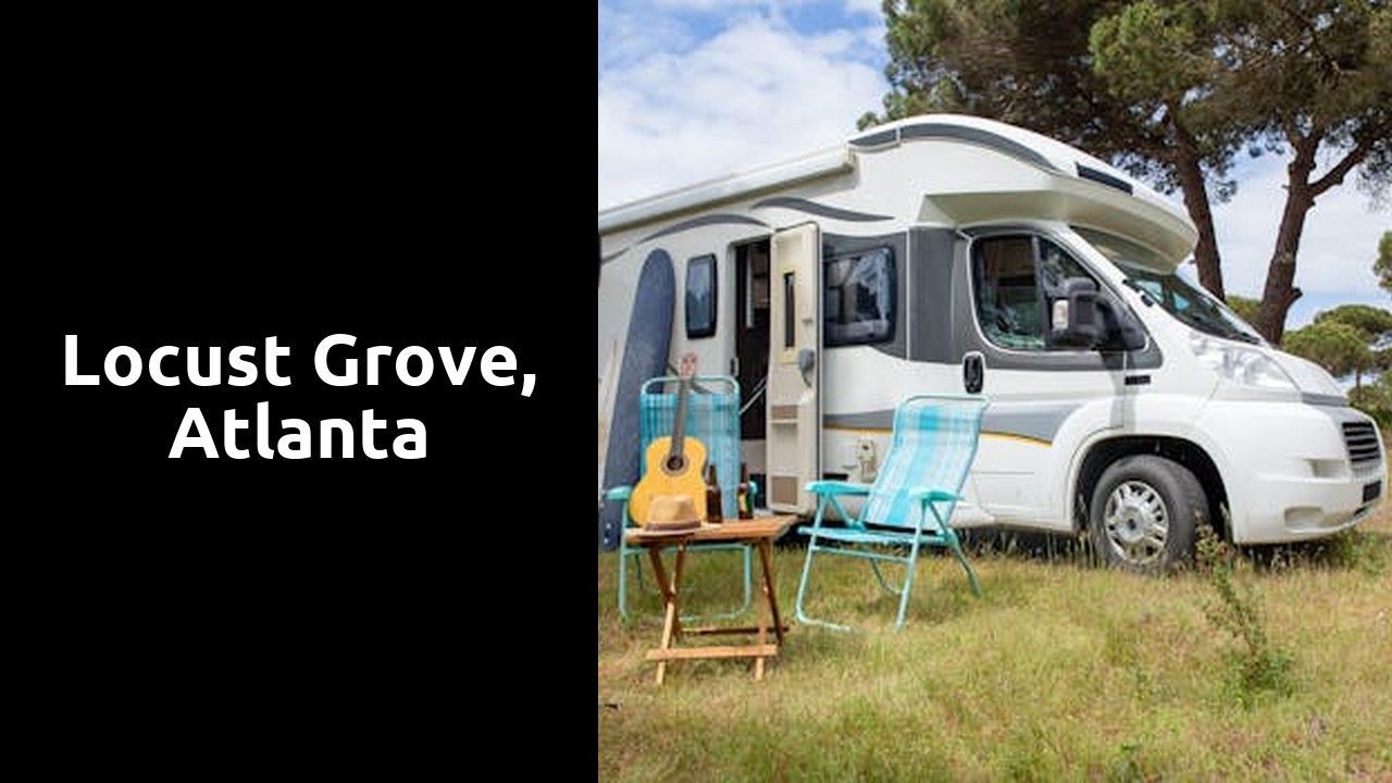 An RV is parked in a grassy field with chairs and a guitar.