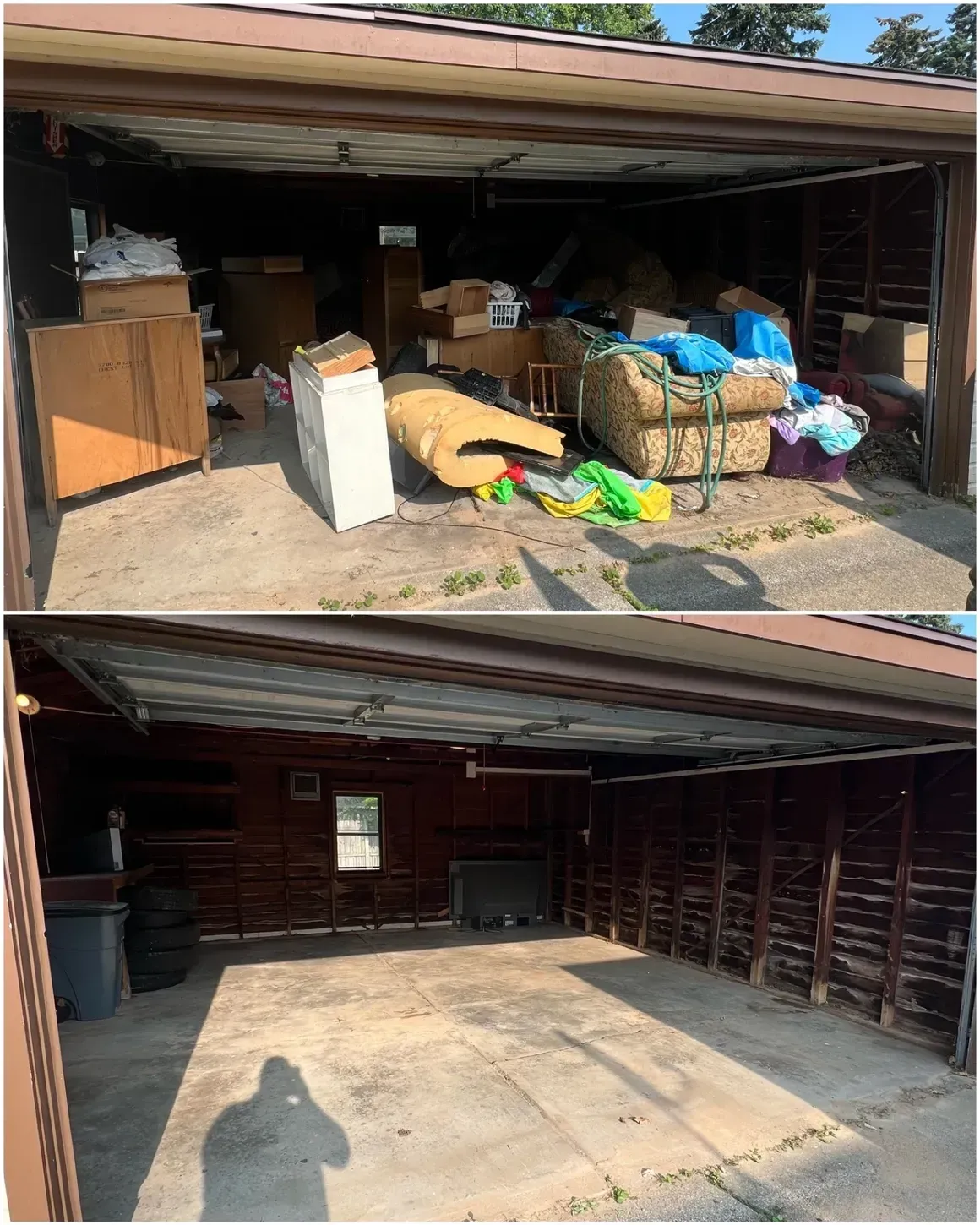 Two-car garage clean out service before and after by Junk Team showing organized, empty space