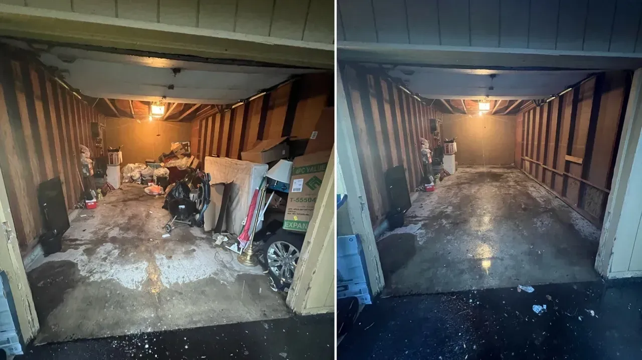 Garage clean out before and after showing cluttered space transformed into empty, clean area